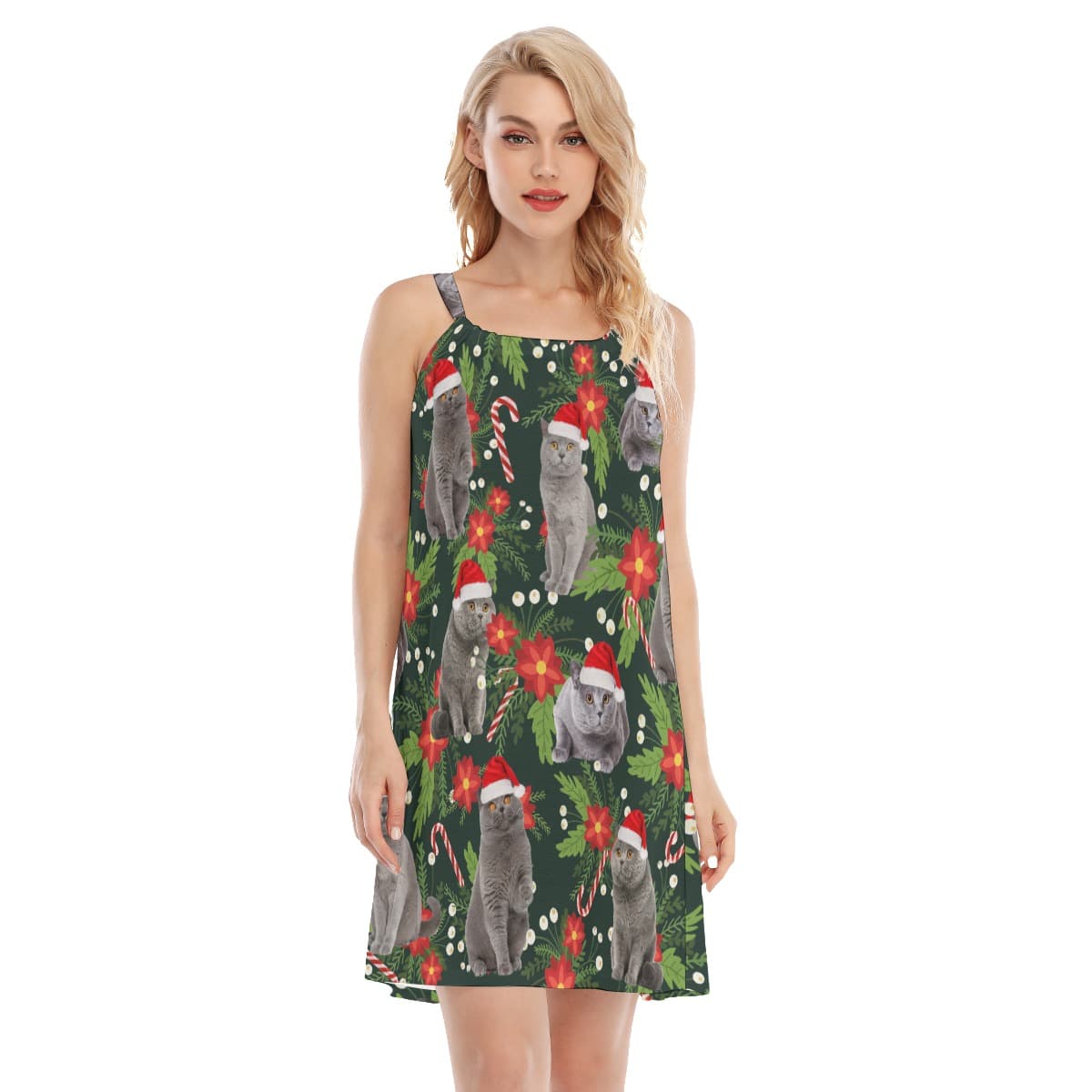 Tropical Christmas Cat Hawaiian Cami Dress For Women (4)