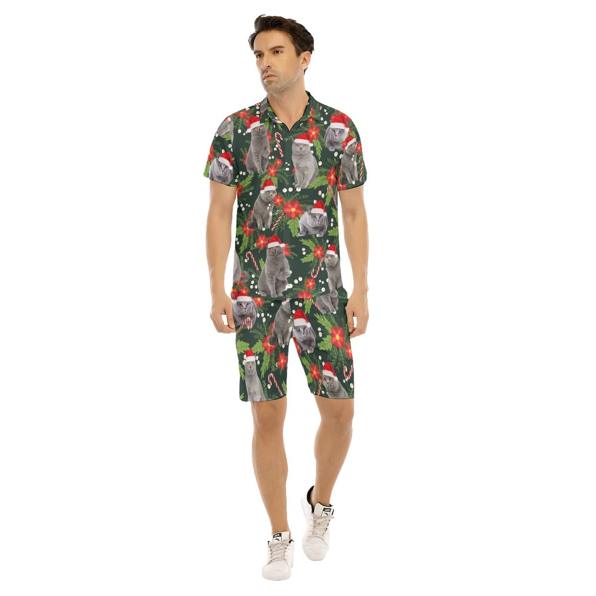 Tropical Christmas Cat Hawaiian Shirt And Matching Shorts For Men