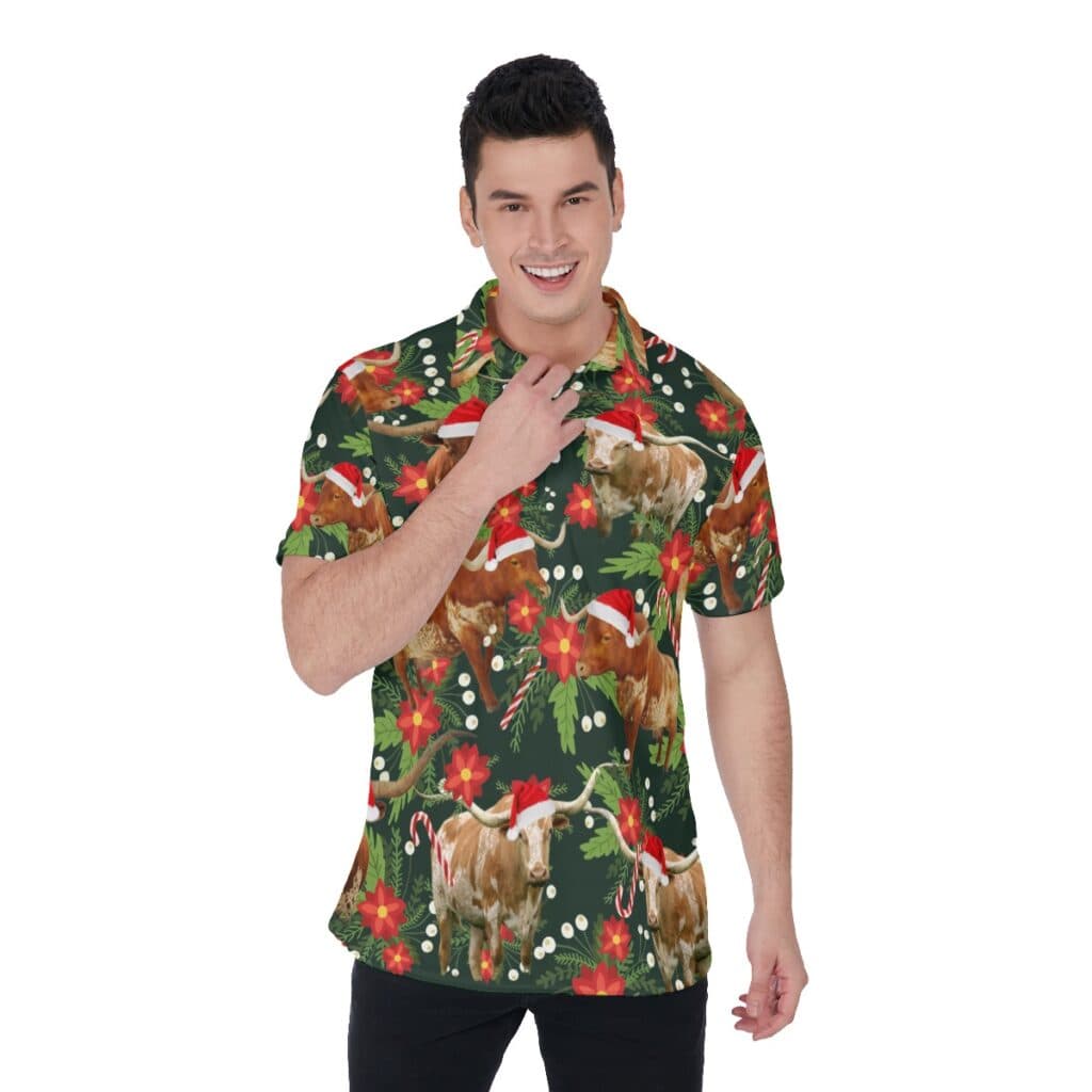 Tropical Cow Christmas Hawaiian Polo Golf Shirt For Men