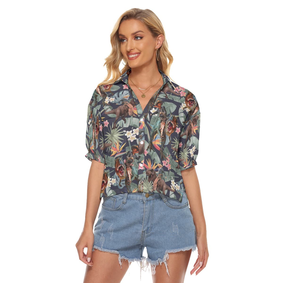 Tropical Cowboy Dinosaur Hawaiian Crop Top Shirt For Women (4)