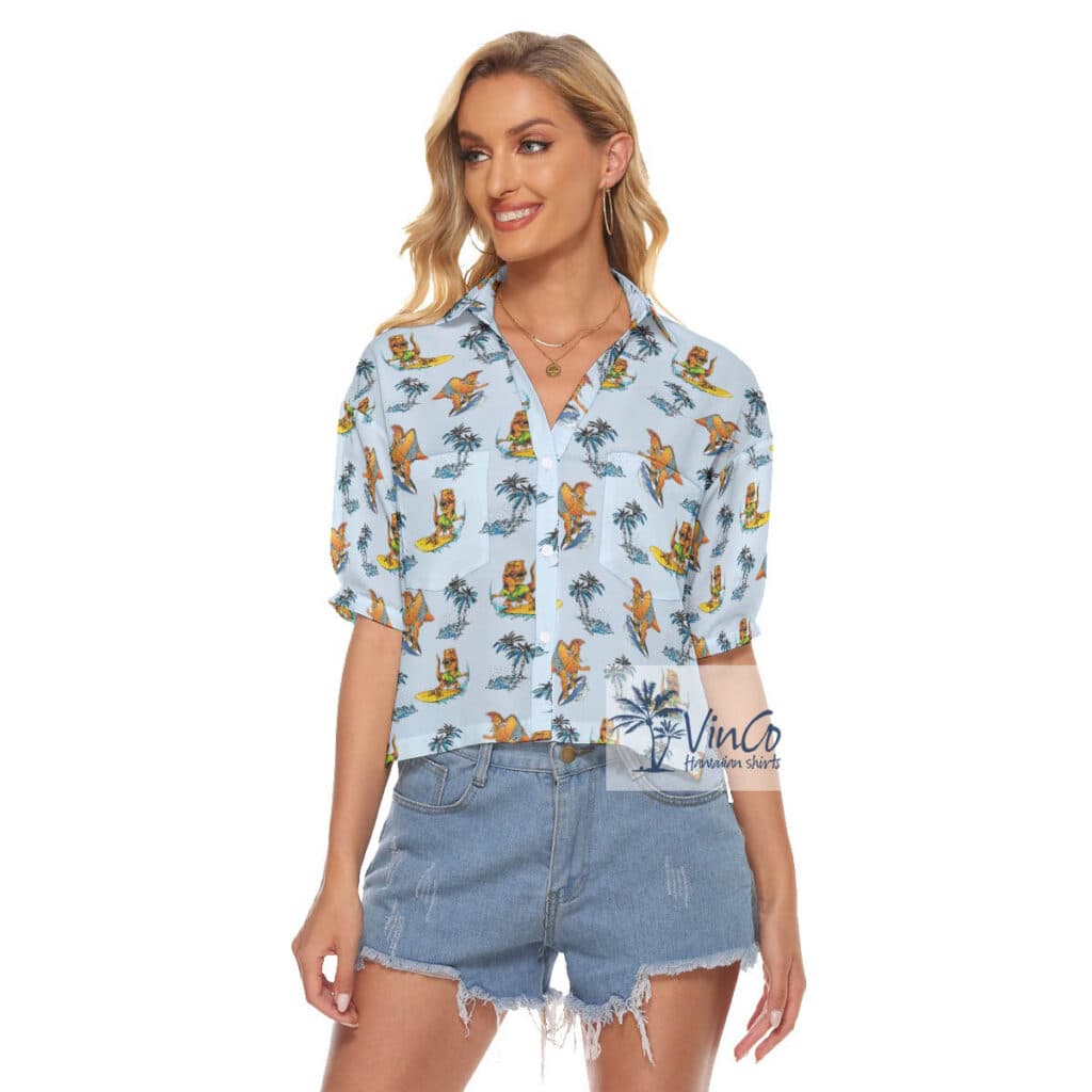 Tropical Dinosaur Surfing Palm Tree Hawaiian Blue Crop Top Shirt