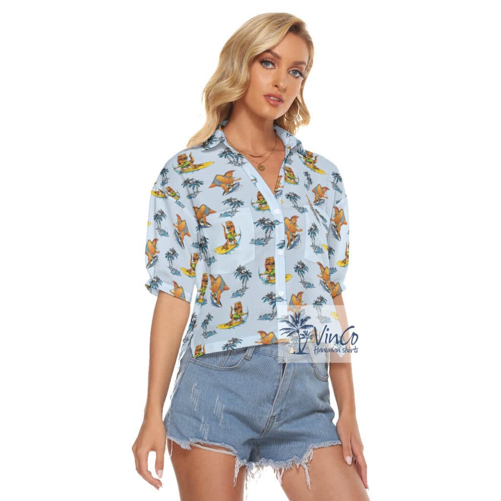 Tropical Dinosaur Surfing Palm Tree Hawaiian Blue Crop Top Shirt