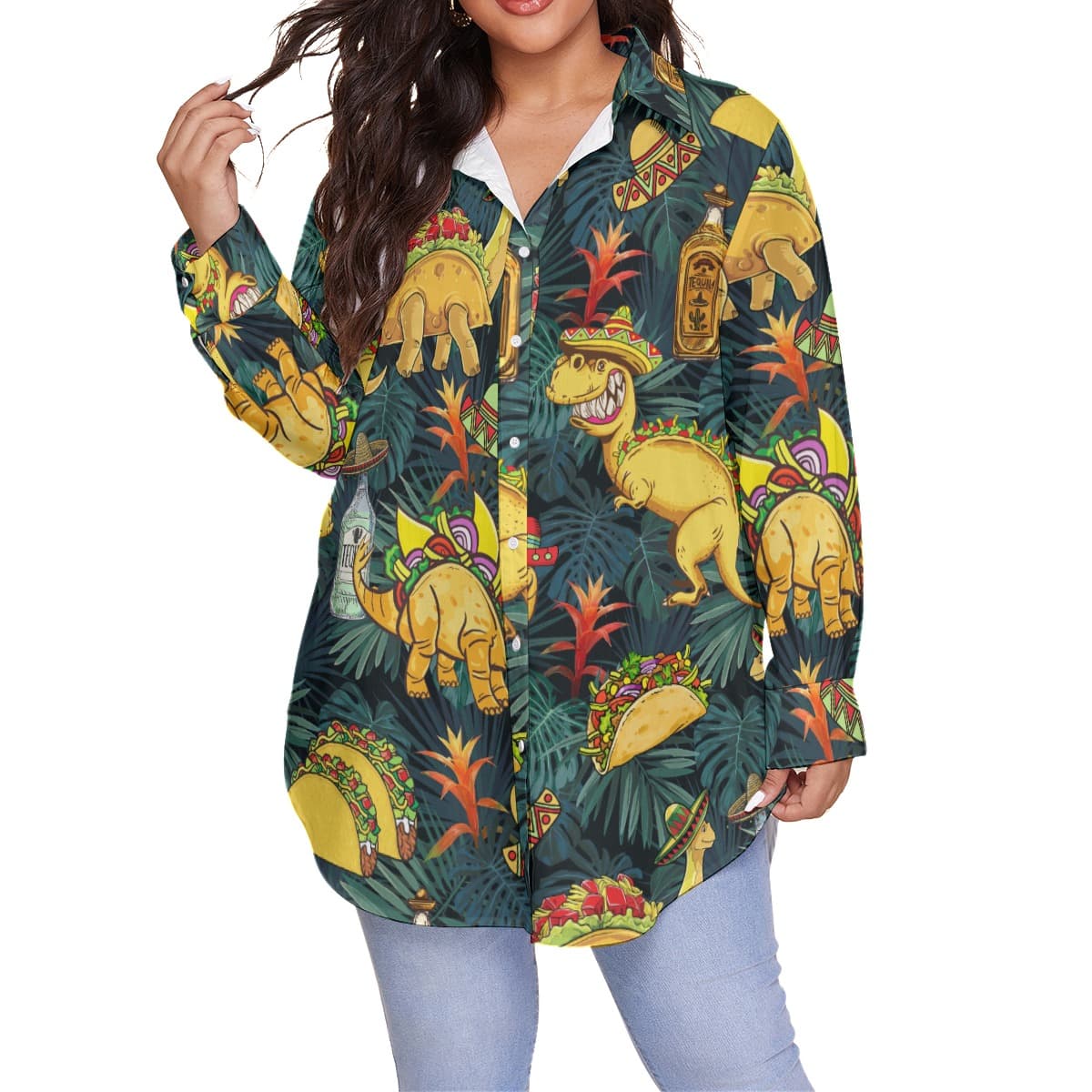 Tropical Dinosaur Taco Hawaiian Blouse Shirt For Women (4)