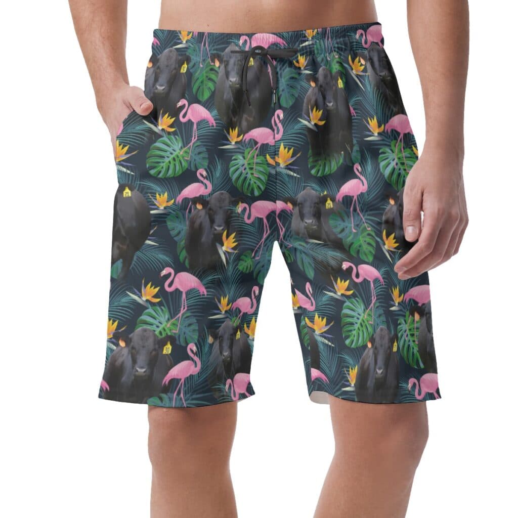 Tropical Flamingo Black Cow Hawaiian Beach Shorts For Men