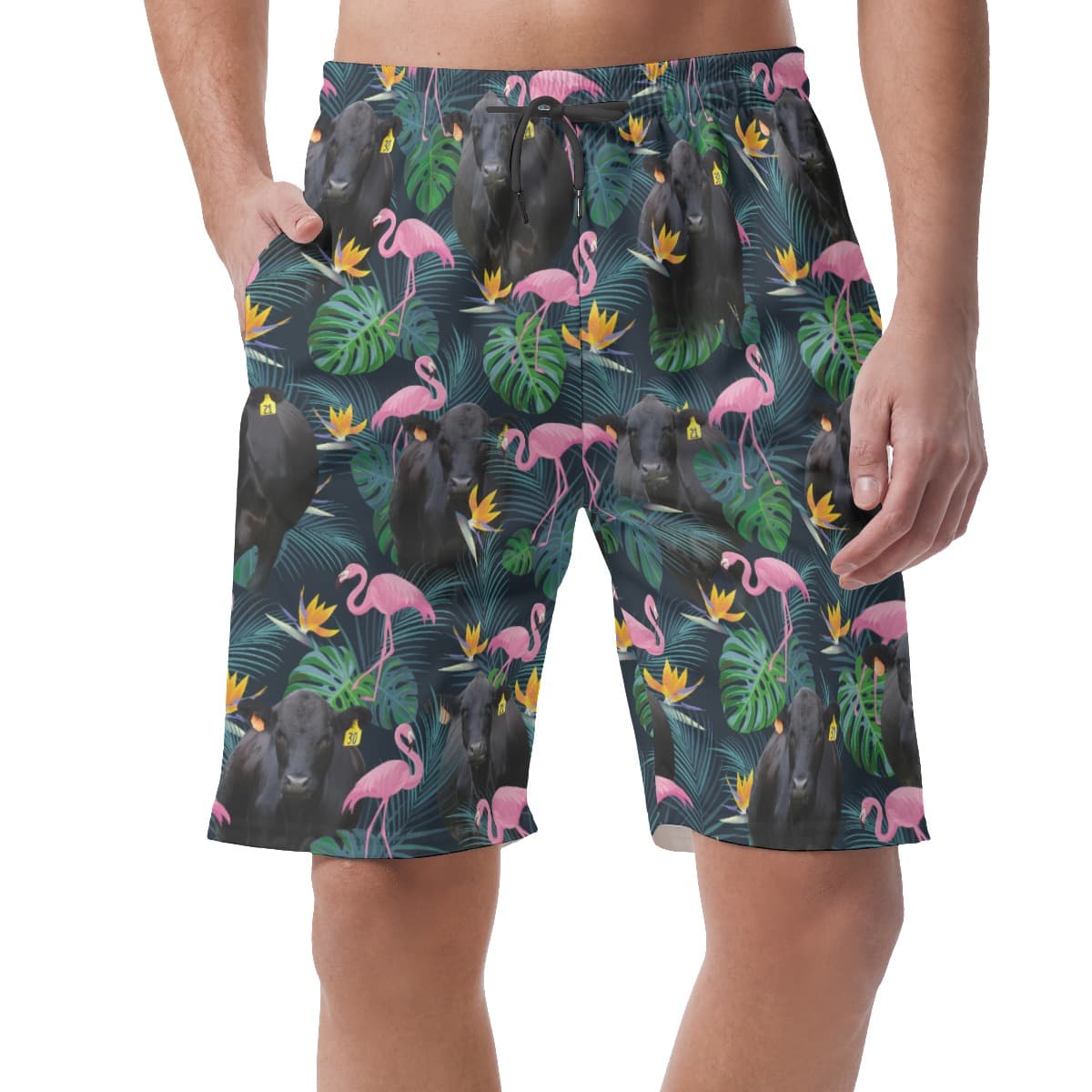 Tropical Flamingo Black Cow Hawaiian Beach Shorts For Men