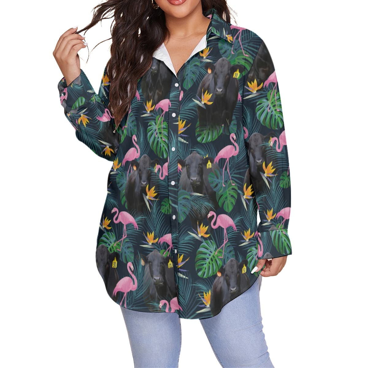 Tropical Flamingo Black Cow Hawaiian Plus Size Shirt For Women
