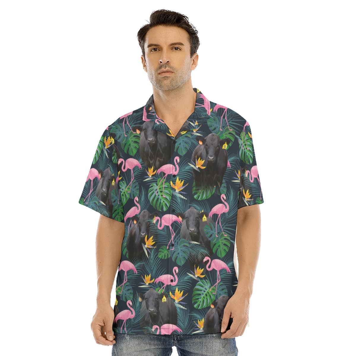 Tropical Flamingo Black Cow Hawaiian Shirt