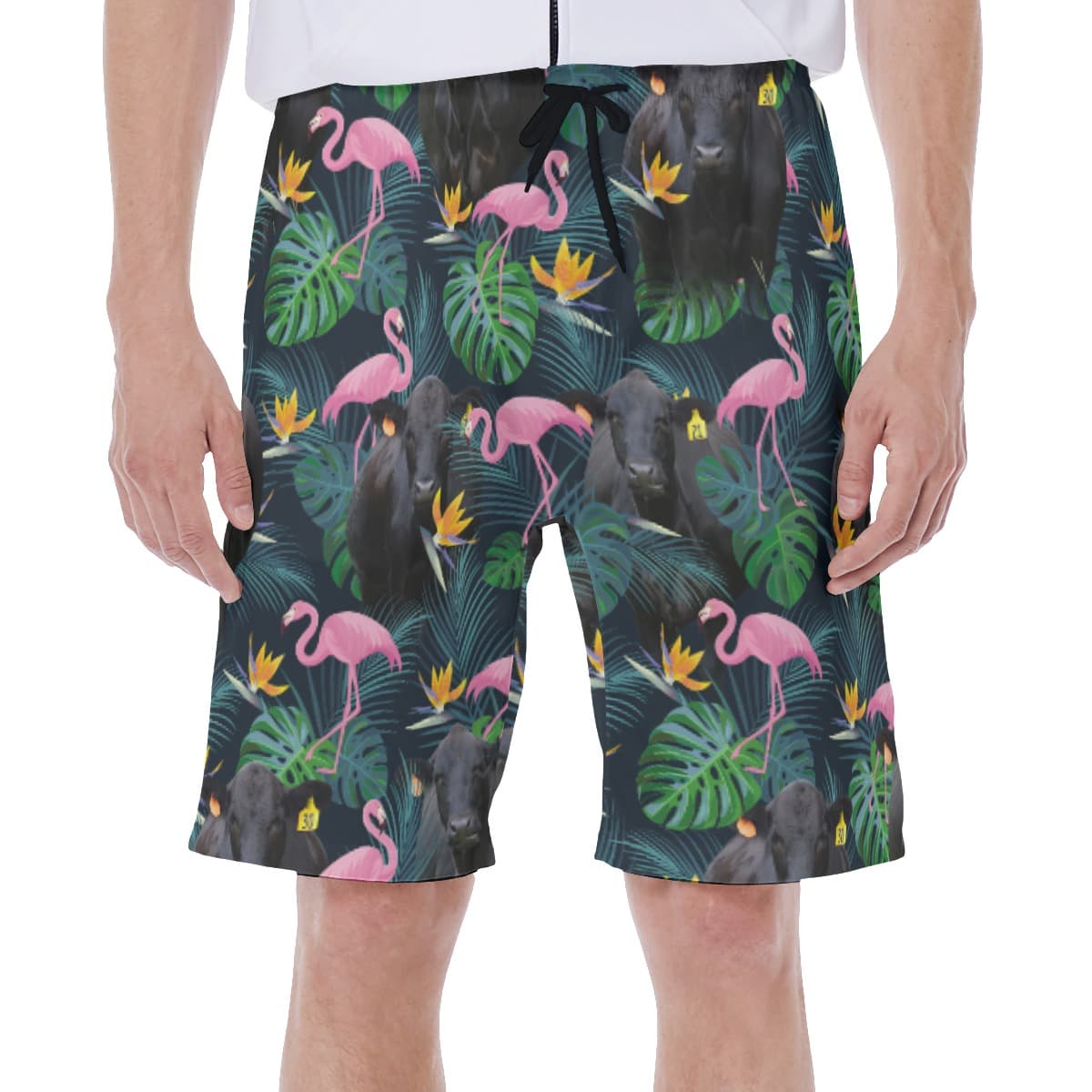Tropical Flamingo Black Cow Hawaiian Swim Trunks For Men