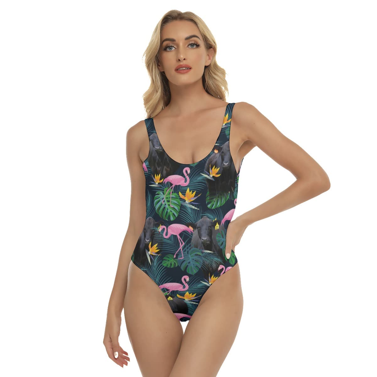 Tropical Flamingo Black Cow Hawaiian Swimsuit For Women