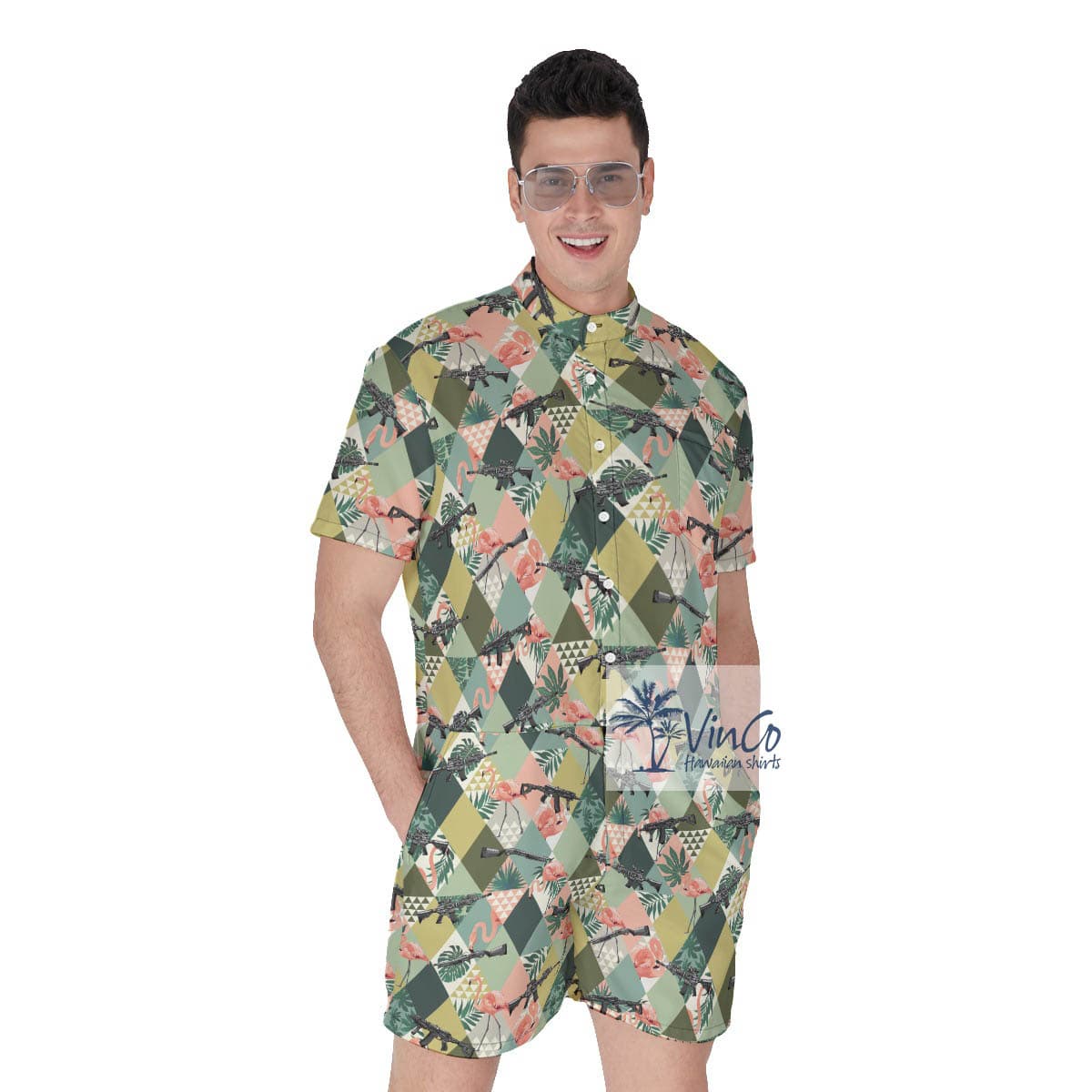 Tropical Flamingo Gun Green Hawaiian Romper