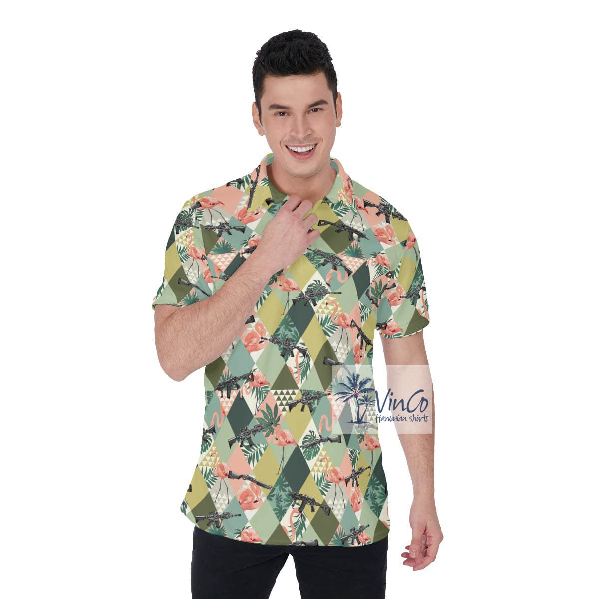 Tropical Flamingo Gun Hawaiian Polo Golf Shirt
