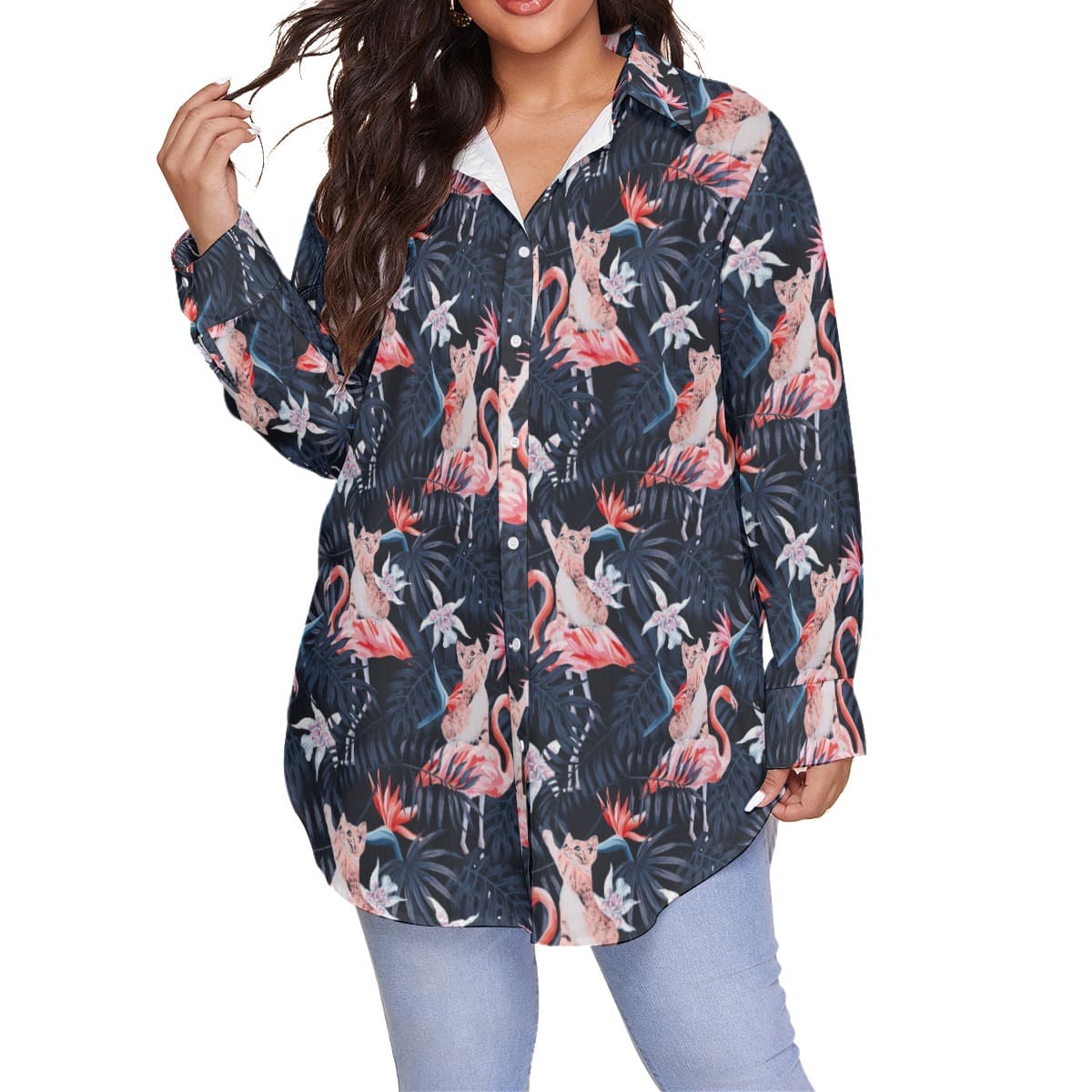 Tropical Flamingo With Funny Cat Plus Size Hawaiian Collared Shirt