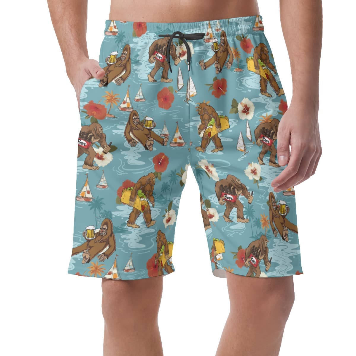 Tropical Hibiscus Bigfoot Beer Blue Hawaiian Beach Shorts For Men