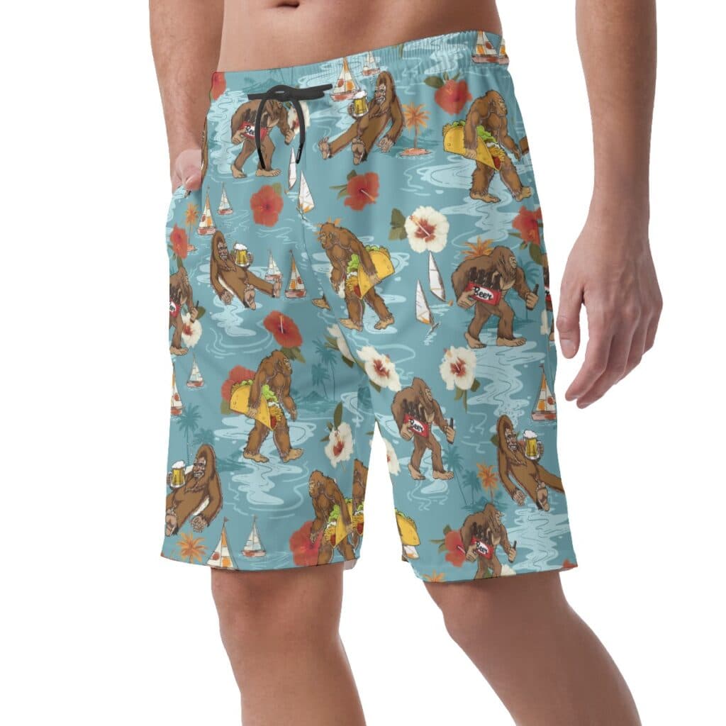 Tropical Hibiscus Bigfoot Beer Blue Hawaiian Beach Shorts For Men