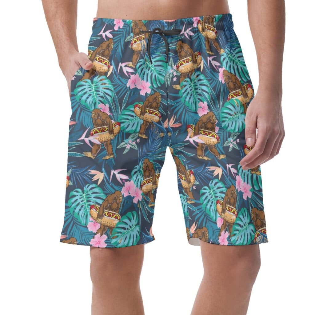 Tropical Hibiscus Bigfoot Hot Dog Hawaiian Beach Shorts For Men