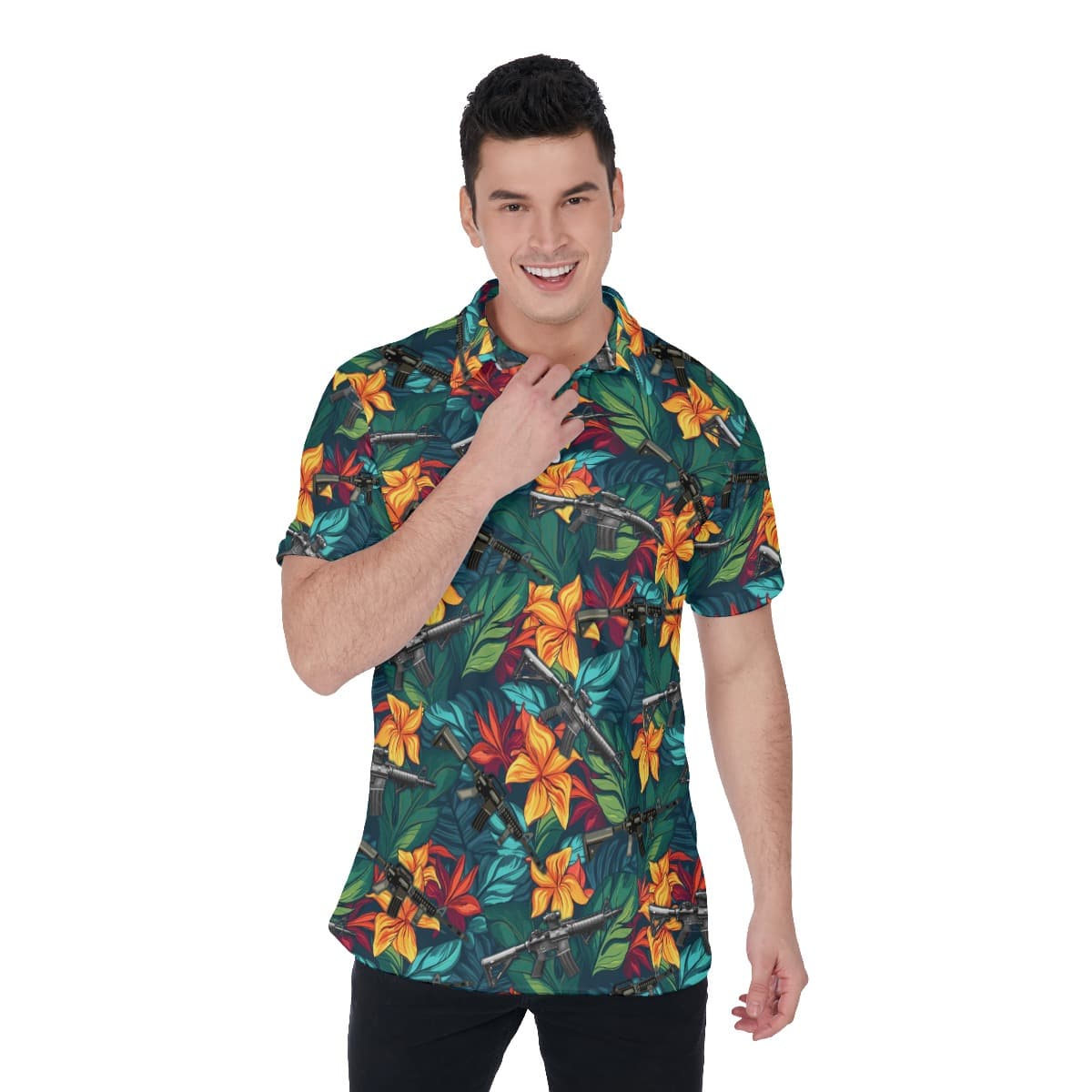 Tropical Hibiscus Gun Hawaiian Golf Polo Shirt