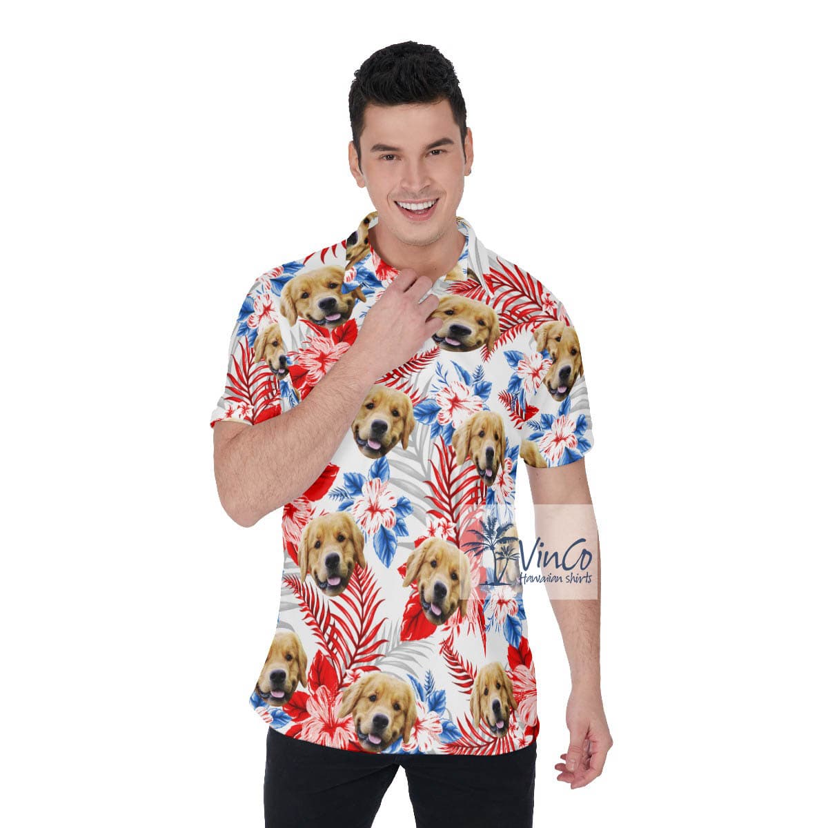Tropical Hibiscus Hawaiian Polo Shirt With Custom Dog Face