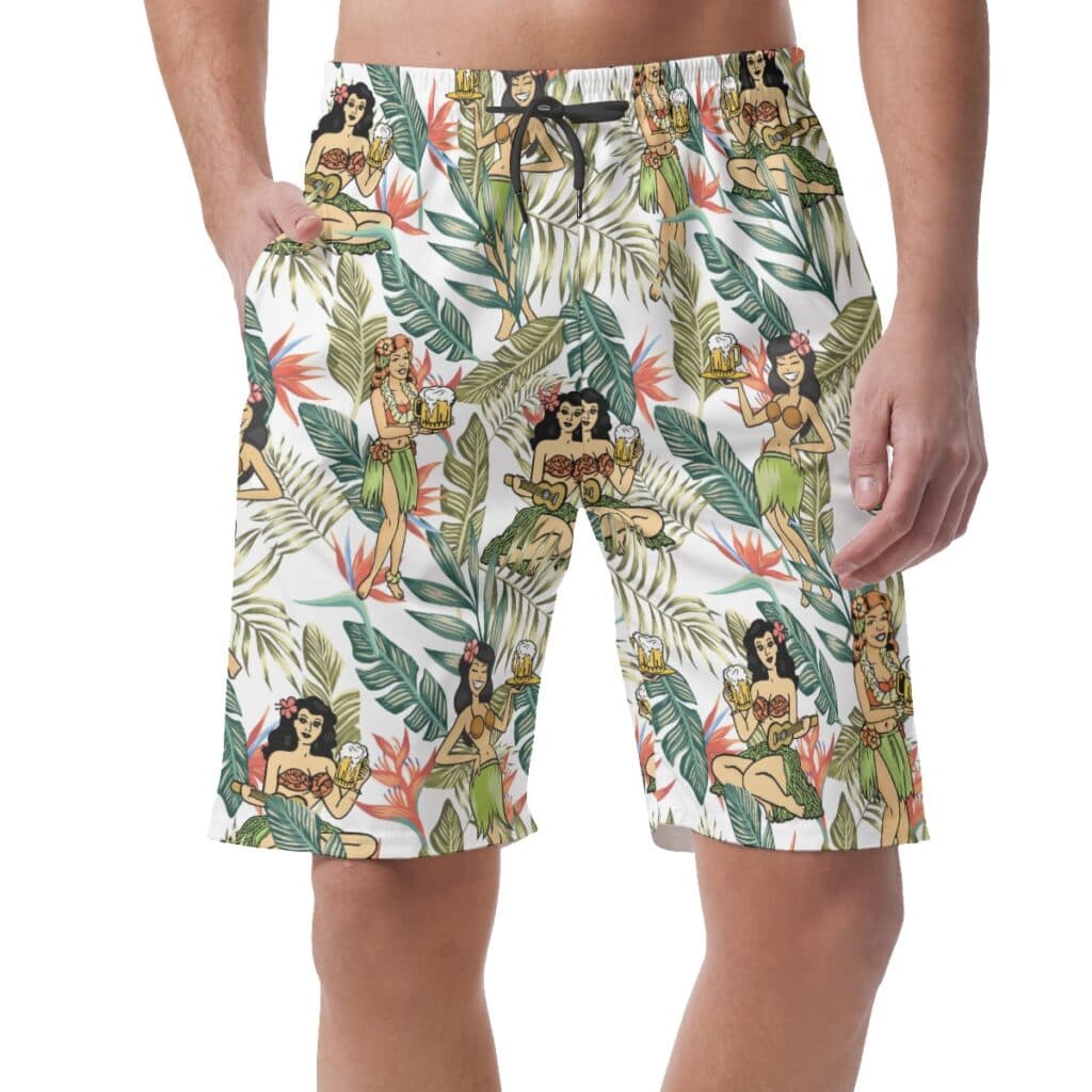 Tropical Hula Girl Beer Hawaiian Beach Shorts