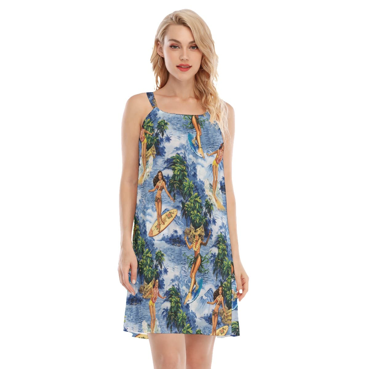 Tropical Hula Girl Surfing Blue Hawaiian Cami Dress (1)