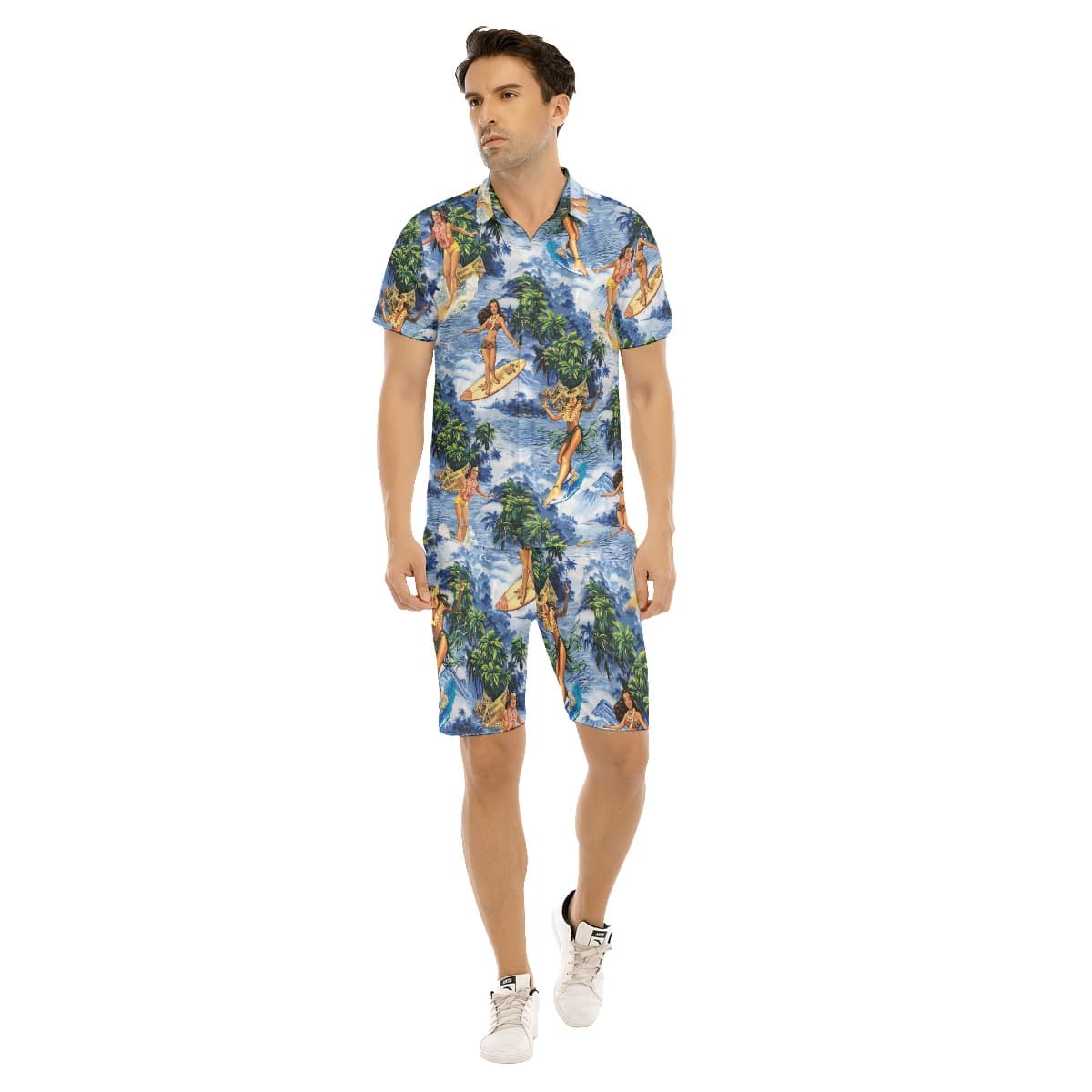 Tropical Hula Girl Surfing Hawaiian Shirt Set For Men (1)