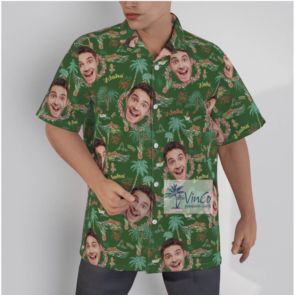 Tropical Island Hula Girl Custom Face Green Hawaiian Shirt