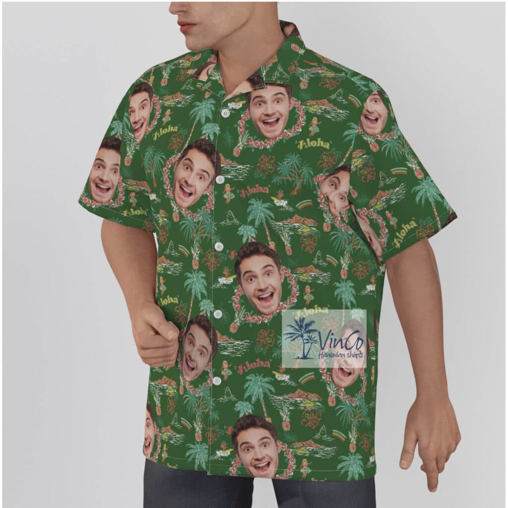 Tropical Island Hula Girl Custom Face Green Hawaiian Shirt
