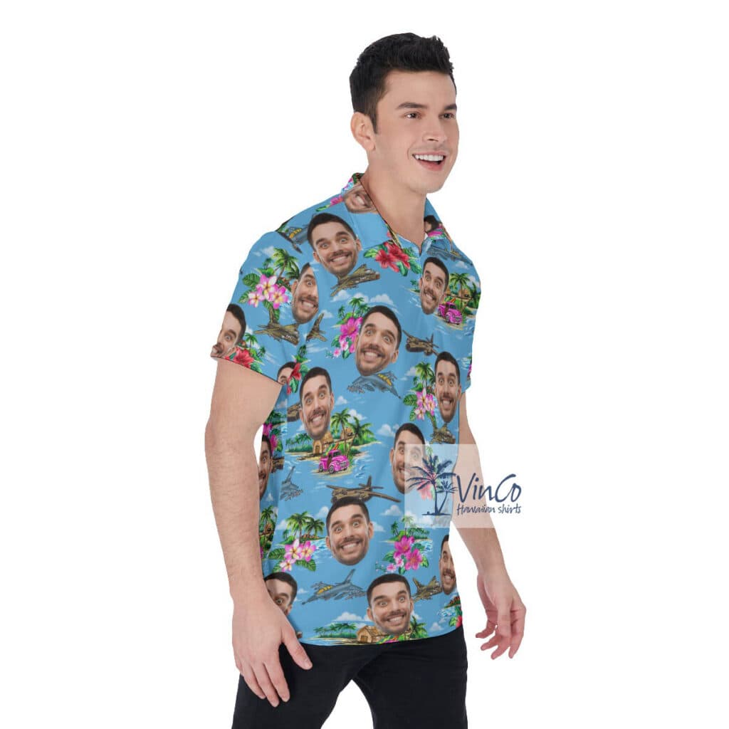 Tropical Islands Airplanes Blue Hawaiian Polo Shirt With Custom Face