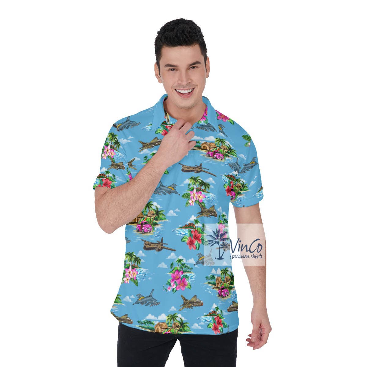 Tropical Islands Airplanes Hawaiian Polo Shirt