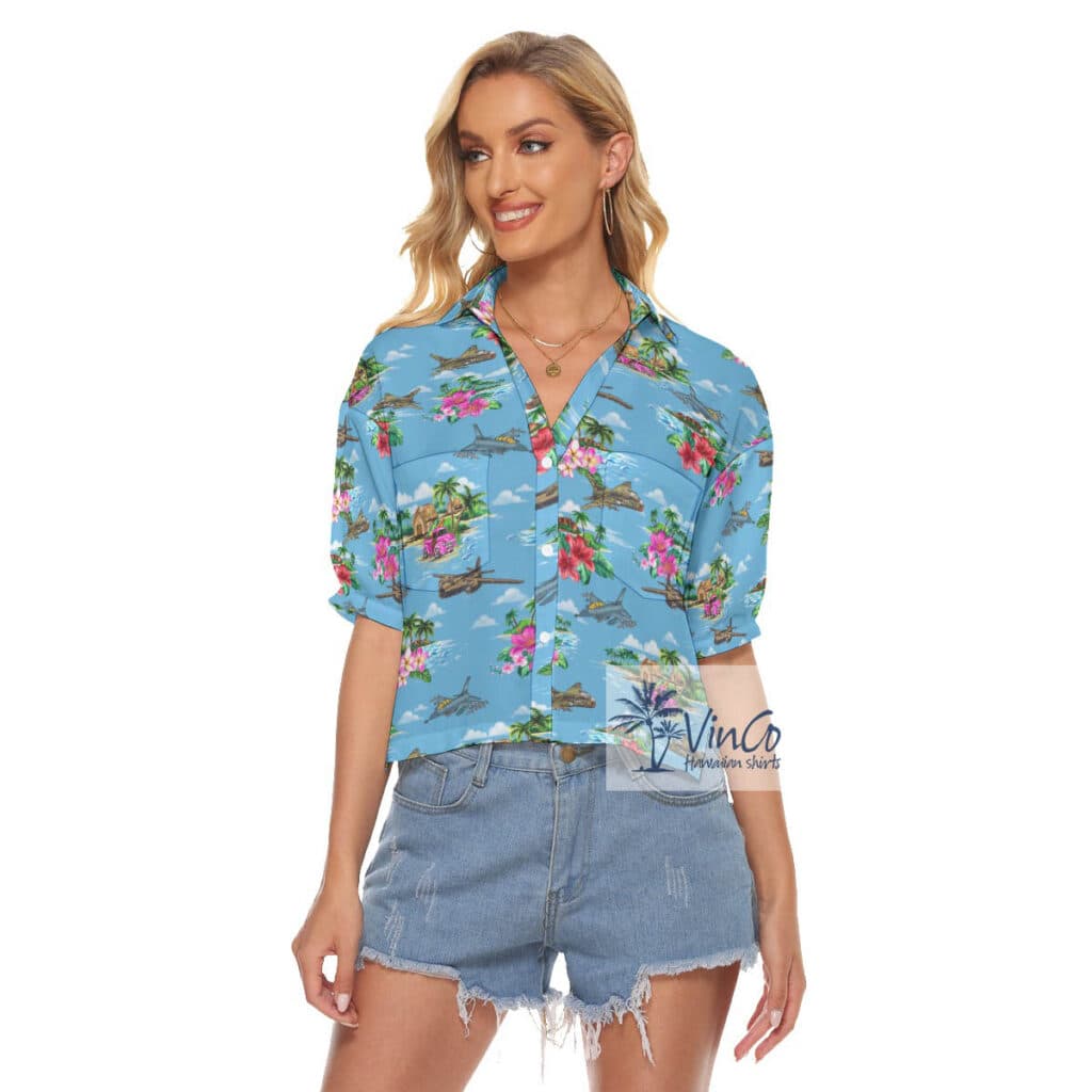 Tropical Islands Bomber Fighter Planes Hawaiian Cropped Shirt For Women