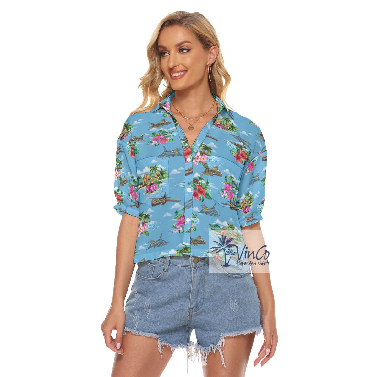 Tropical Islands Bomber Fighter Planes Hawaiian Cropped Shirt For Women