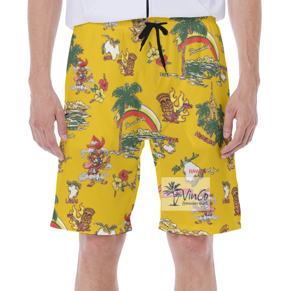 Tropical Islands Tiki Guitar Hawaiian Swim Trunks For Men