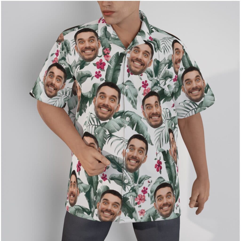 Tropical Leaf Custom Face Hawaiian Button Up Shirt (1)