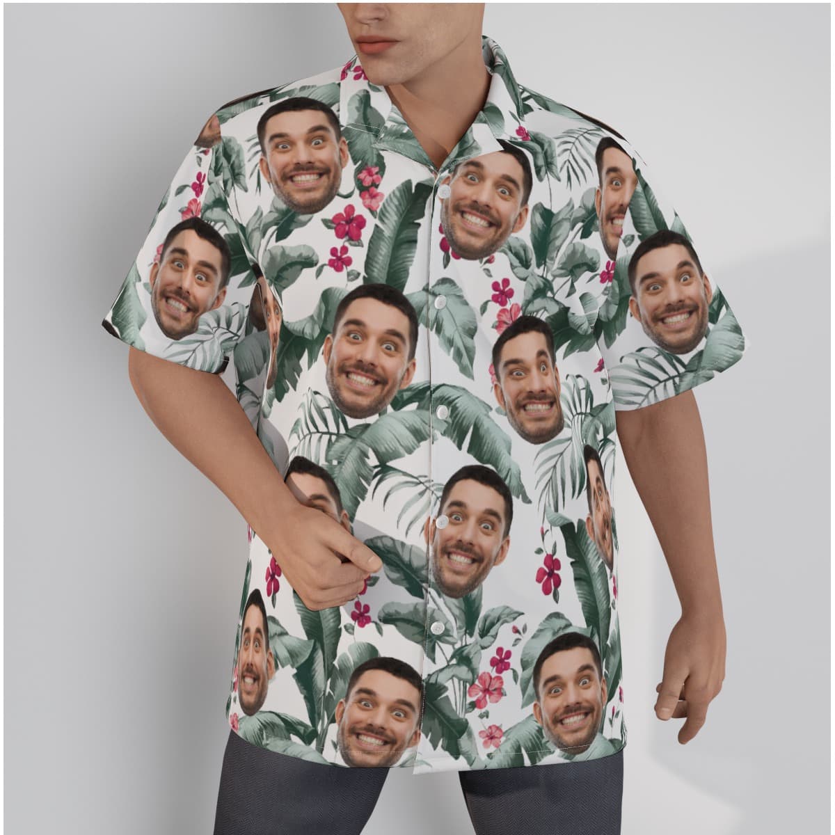 Tropical Leaf Custom Face Hawaiian Button Up Shirt (1)