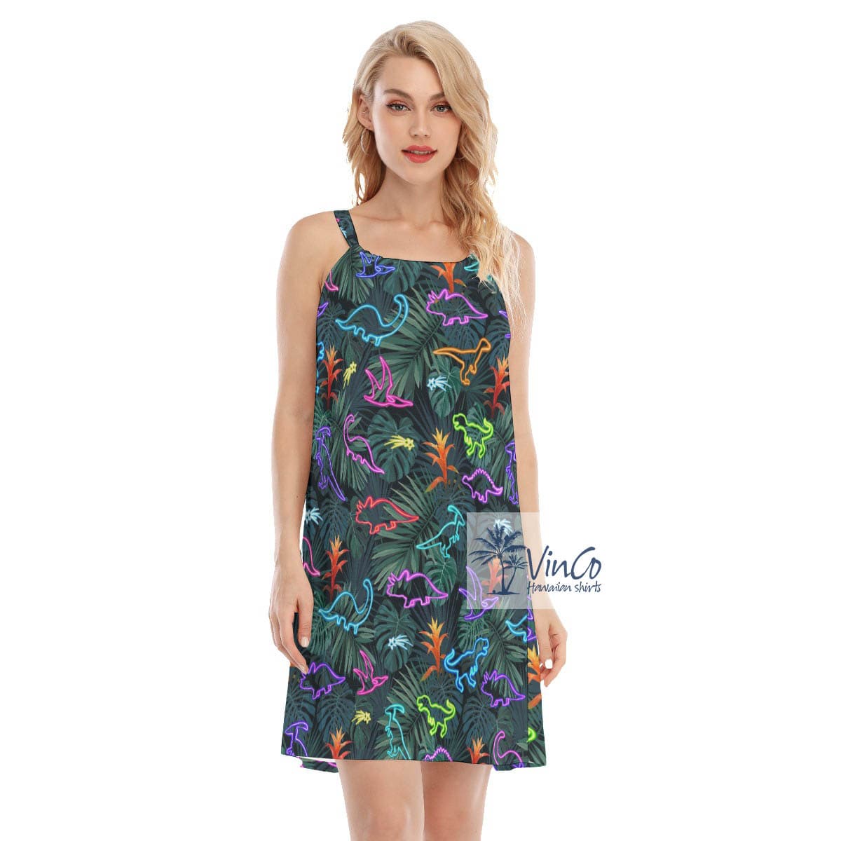 Tropical Neon Dinosaur Summer Dress For Women (2)