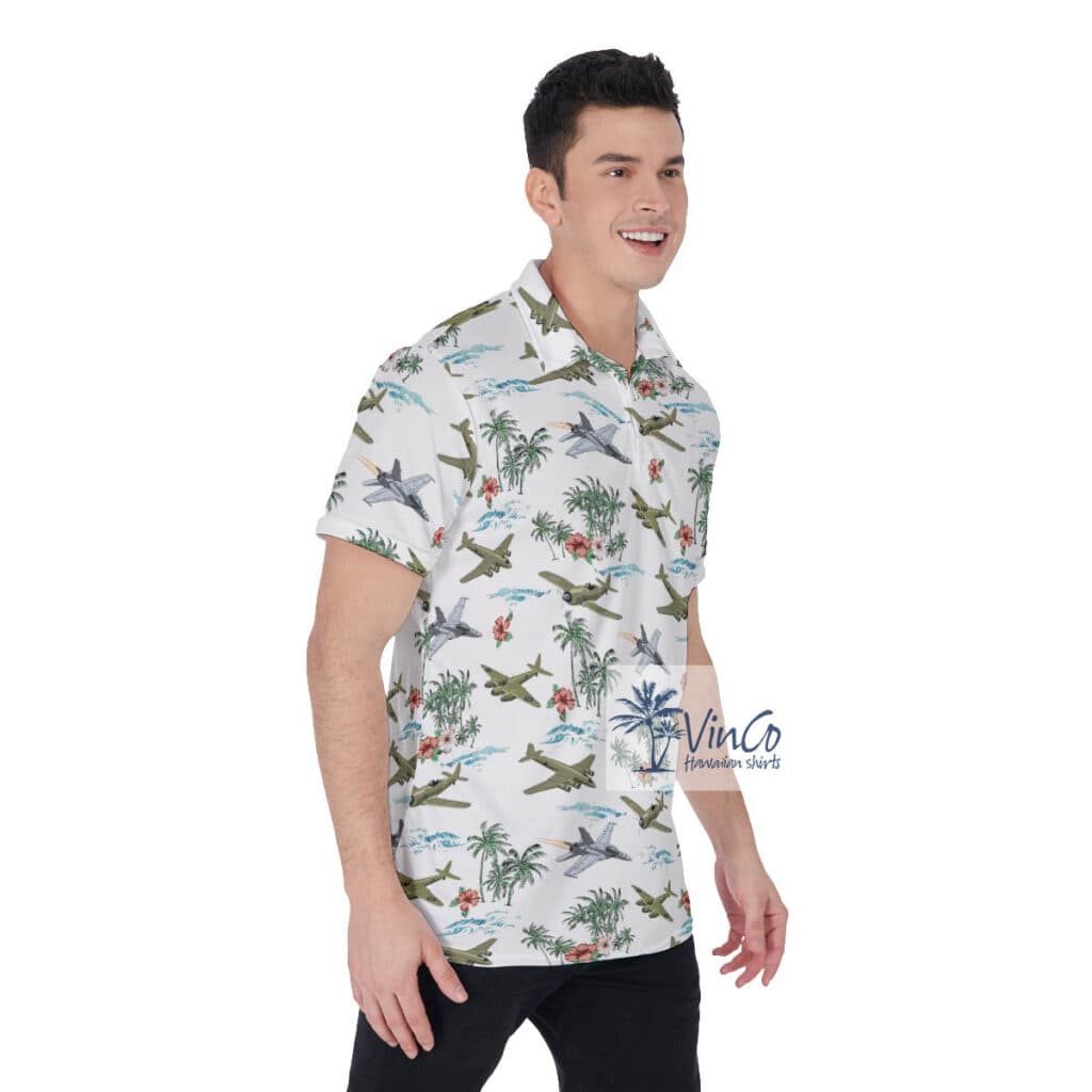 Tropical Palm Tree Airplanes Floral Hawaiian Polo Shirt