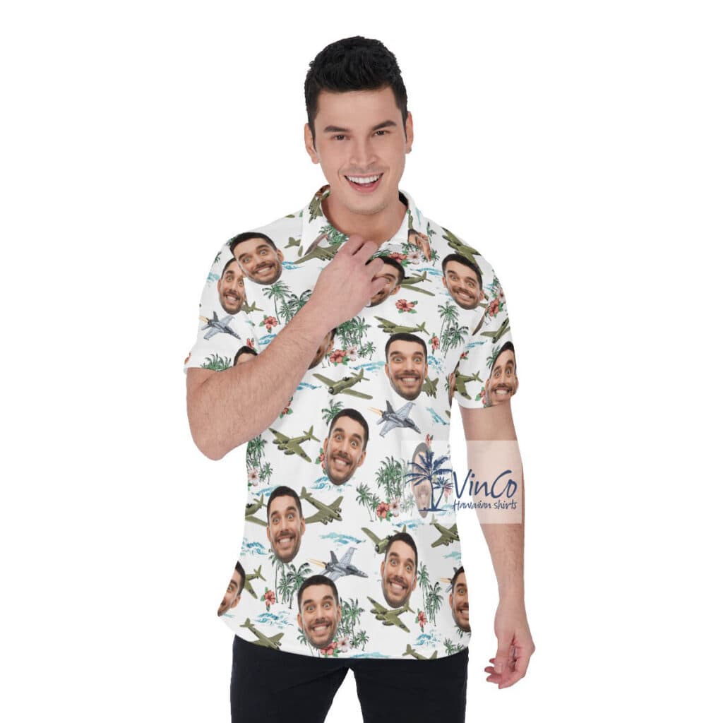 Tropical Palm Tree Airplanes Hawaiian Polo Shirt With Custom Face