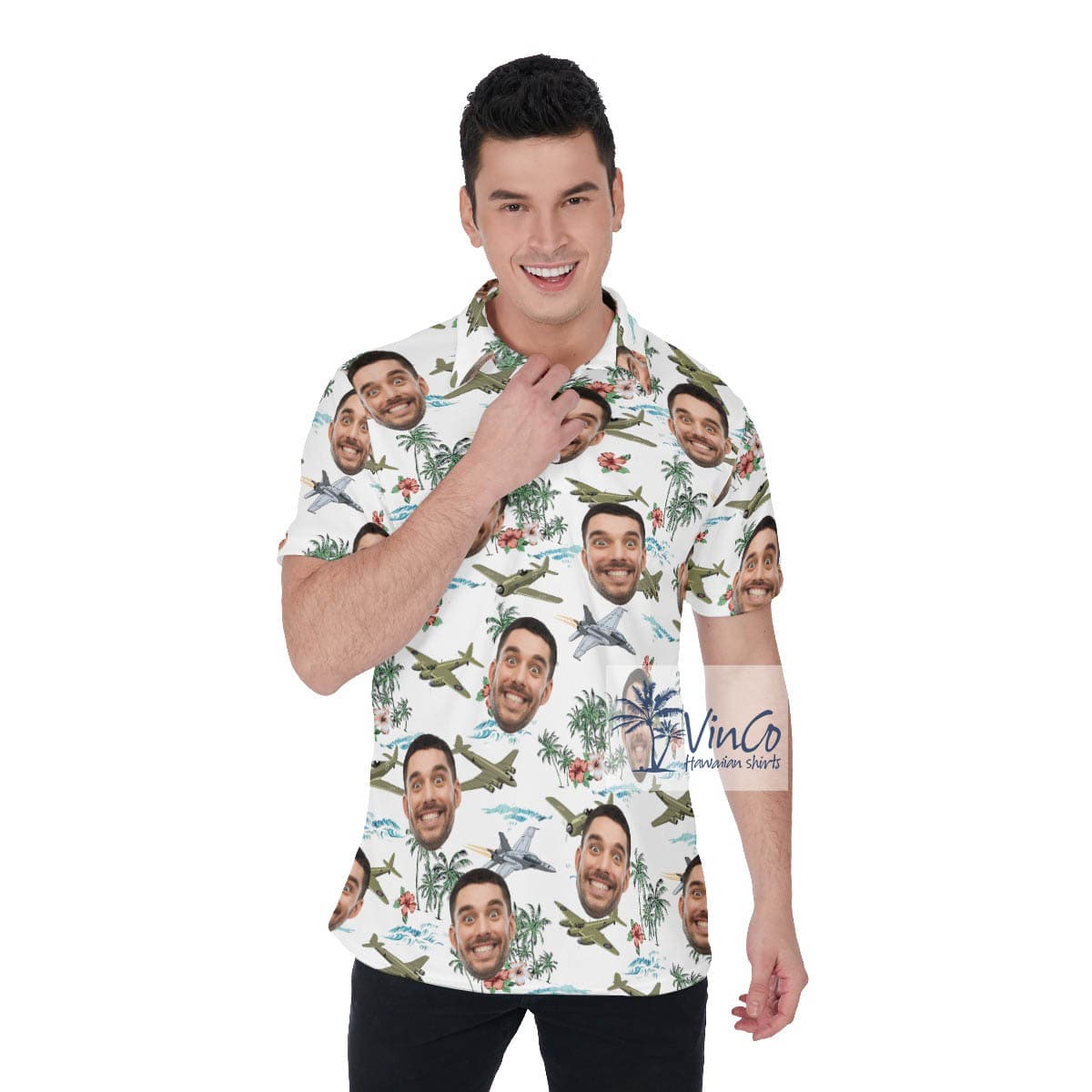 Tropical Palm Tree Airplanes Hawaiian Polo Shirt With Custom Face