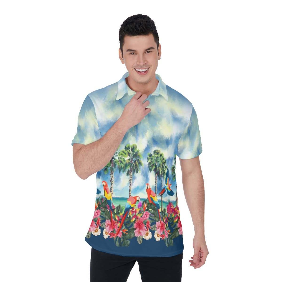 Tropical Palm Tree Parrots Floral Hawaiian Polo Shirt For Men