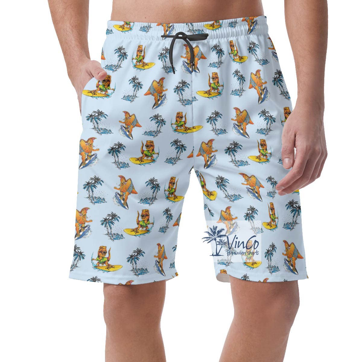 Tropical Palm Tree Surfing Dinosaur Blue Hawaiian Beach Shorts For Men