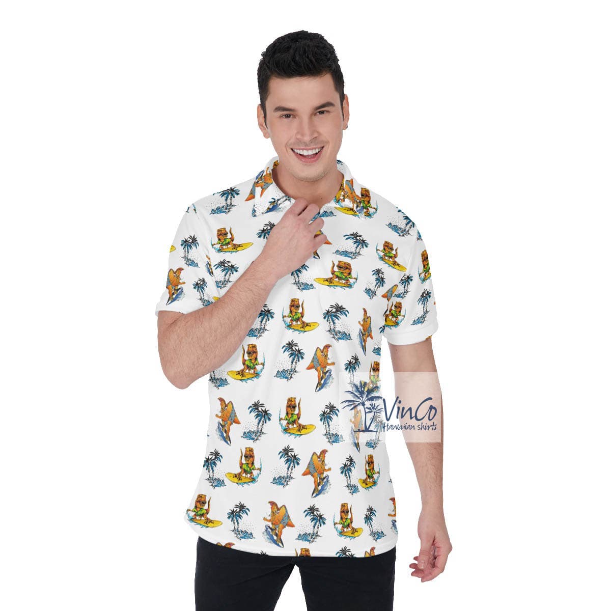 Tropical Palm Tree Surfing Dinosaur Hawaiian Polo Shirt