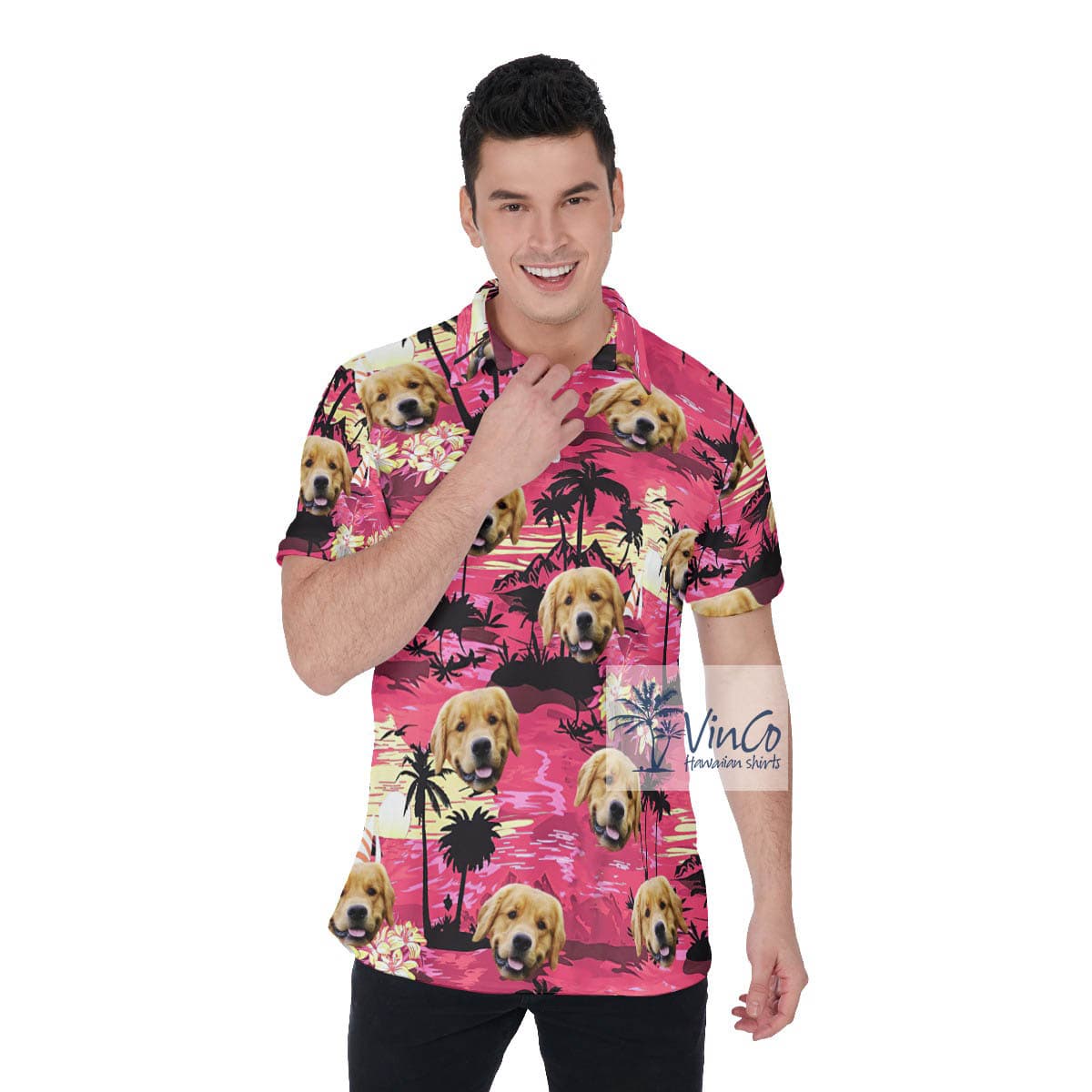 Tropical Palm Trees Beach Theme Custom Dog Face Hawaiian Polo Shirt