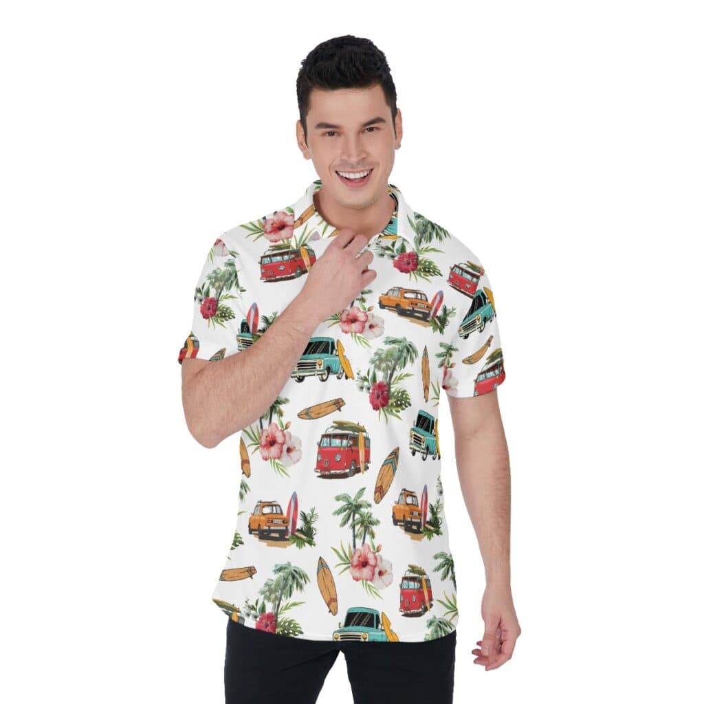 Tropical Palm Trees Cars And Surf Boards Hawaiian Polo Shirt For Men