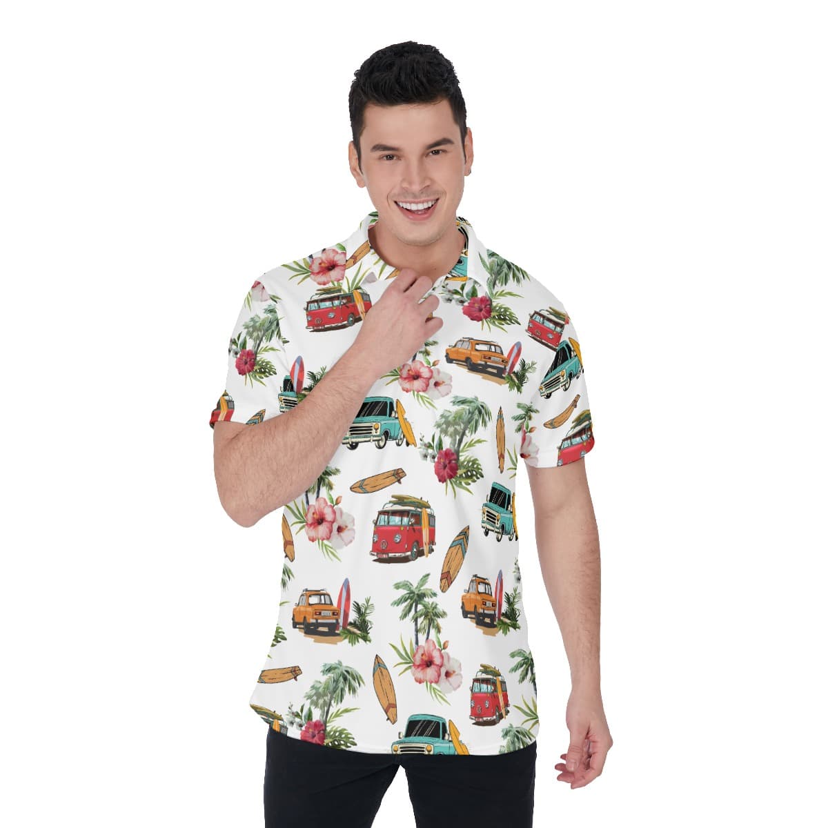 Tropical Palm Trees Cars And Surf Boards Hawaiian Polo Shirt For Men