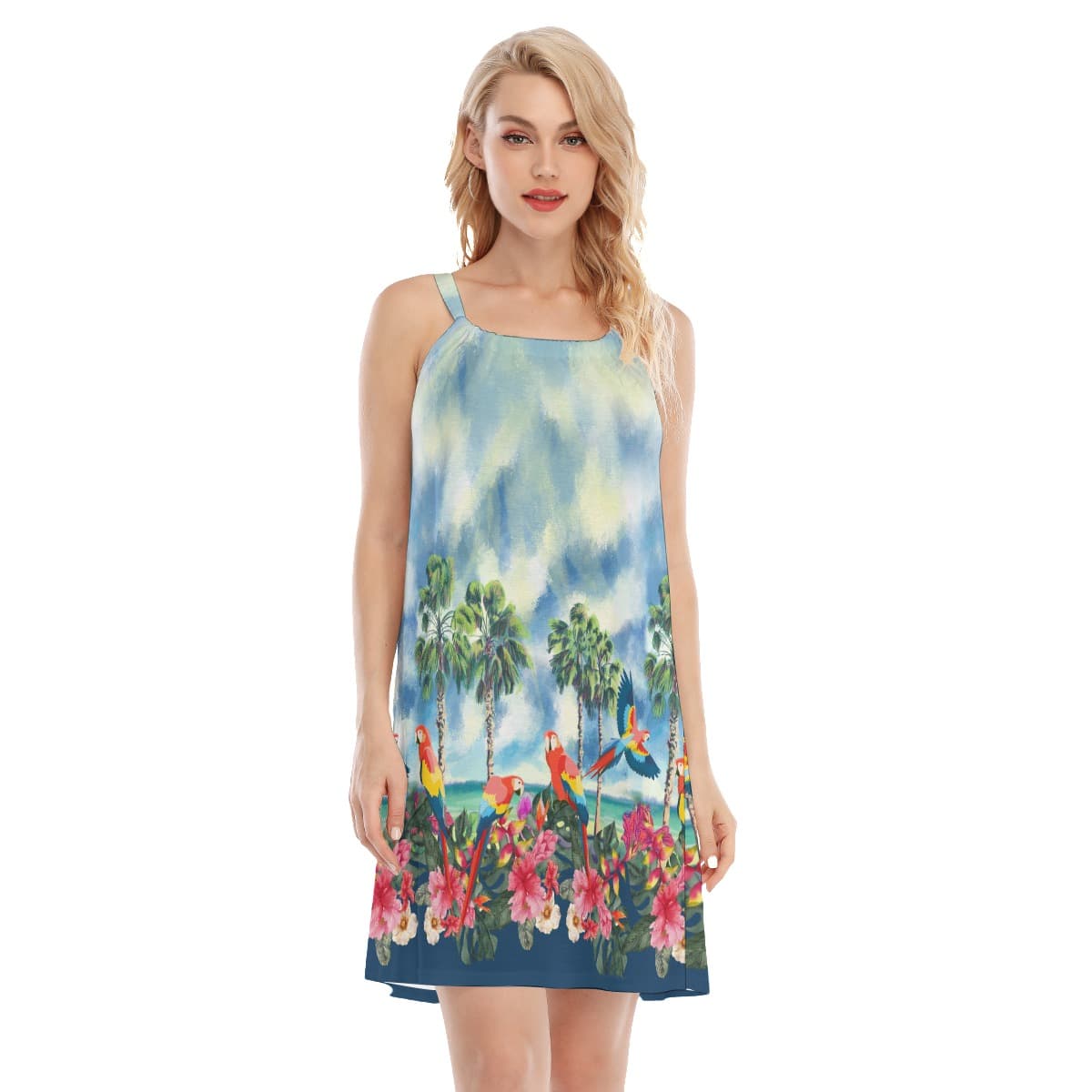 Tropical Parrots Hibiscus Blue Hawaiian Cami Dress For Women (1)
