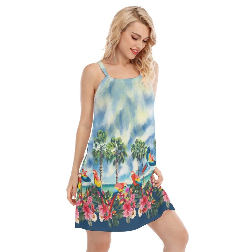 Tropical Parrots Hibiscus Blue Hawaiian Cami Dress For Women