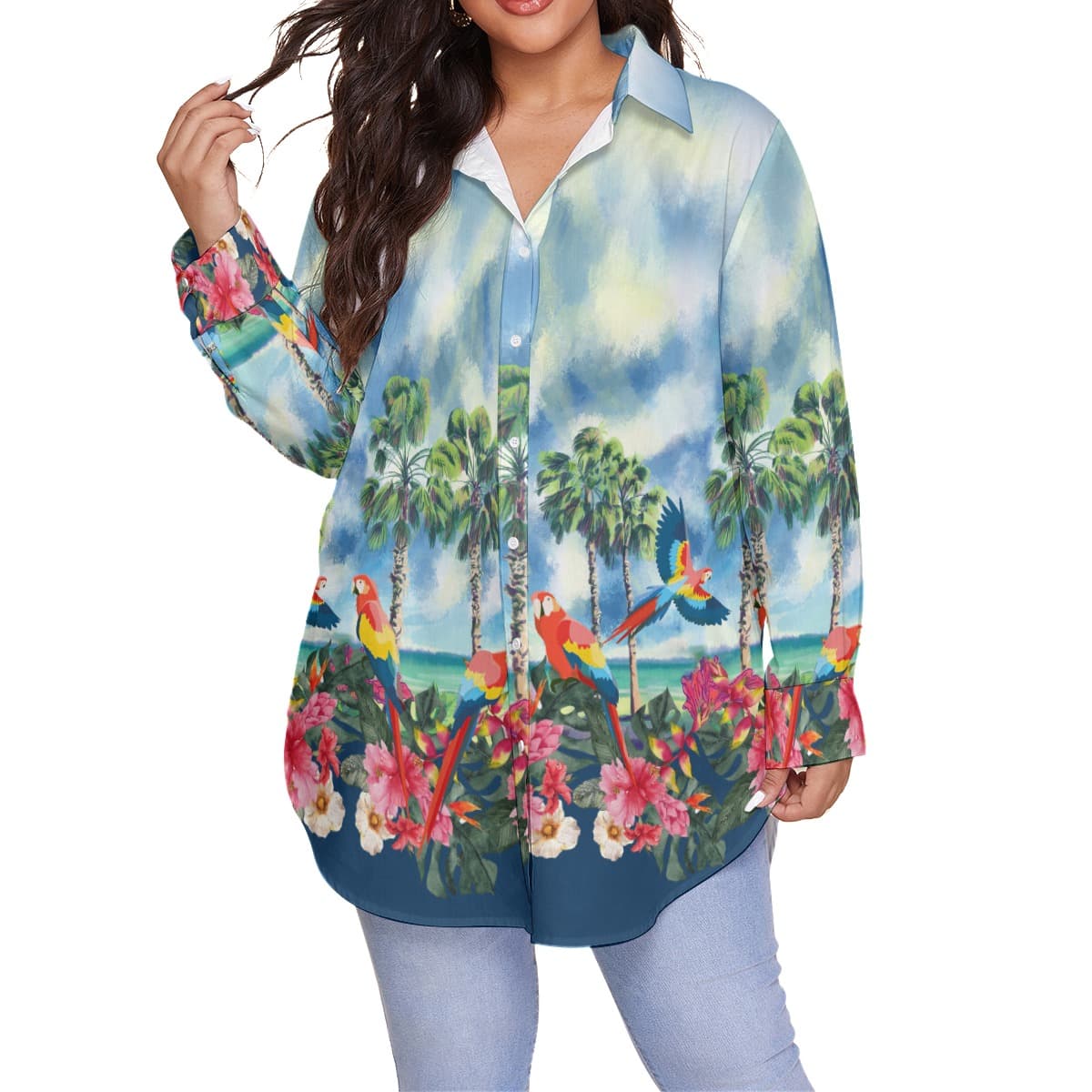 Tropical Parrots Hibiscus Blue Hawaiian Plus Size Shirt For Women