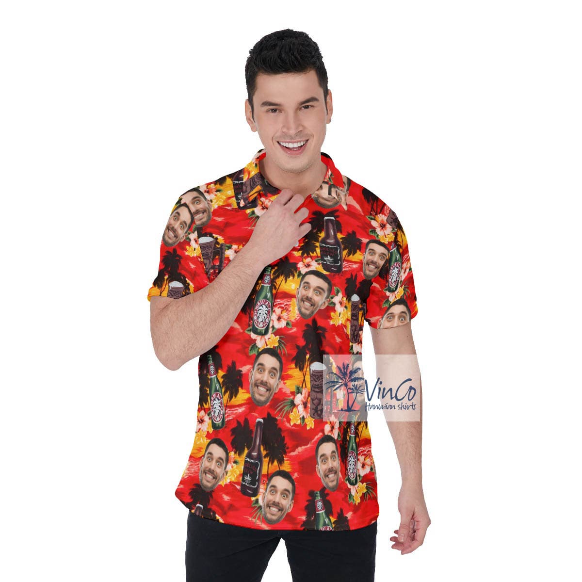 Tropical Sunset Beach Beer Hawaiian Polo Shirt With Custom Face