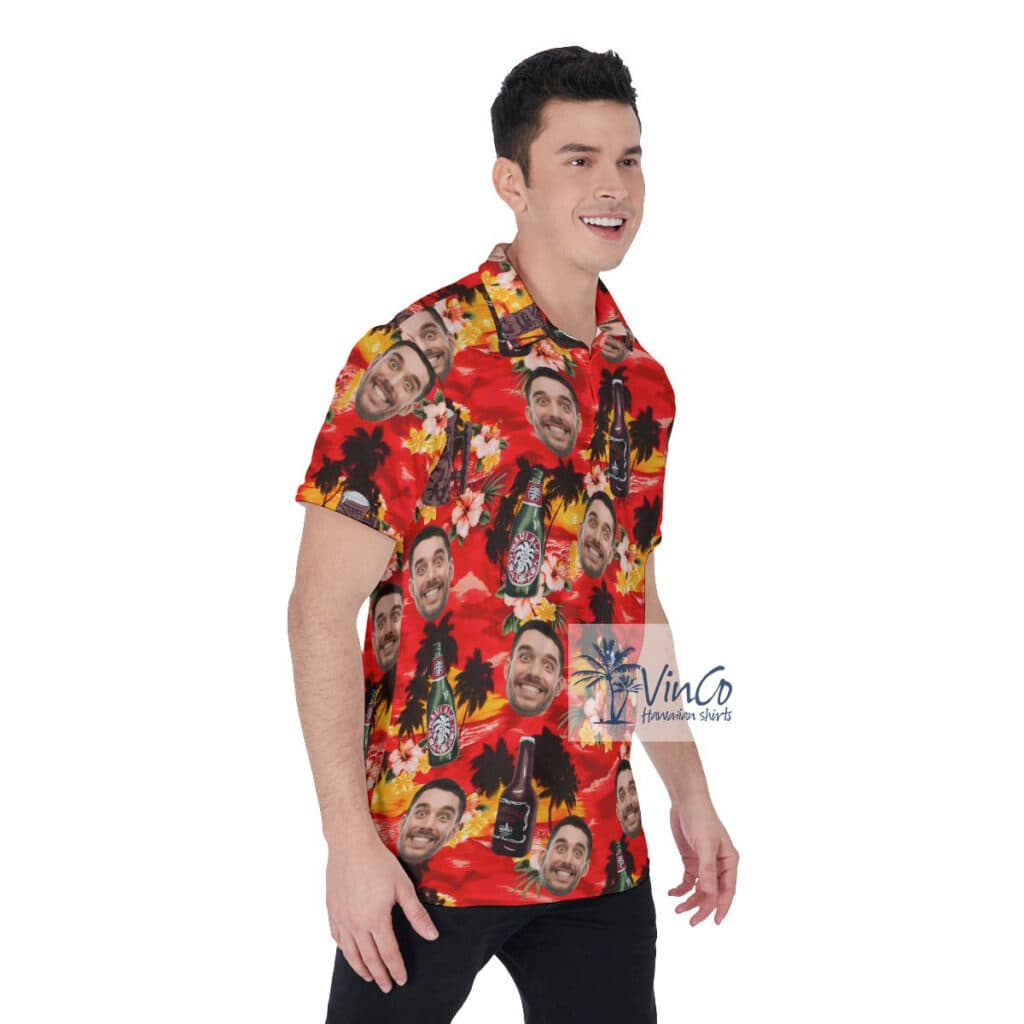 Tropical Sunset Beach Beer Hawaiian Polo Shirt With Custom Face