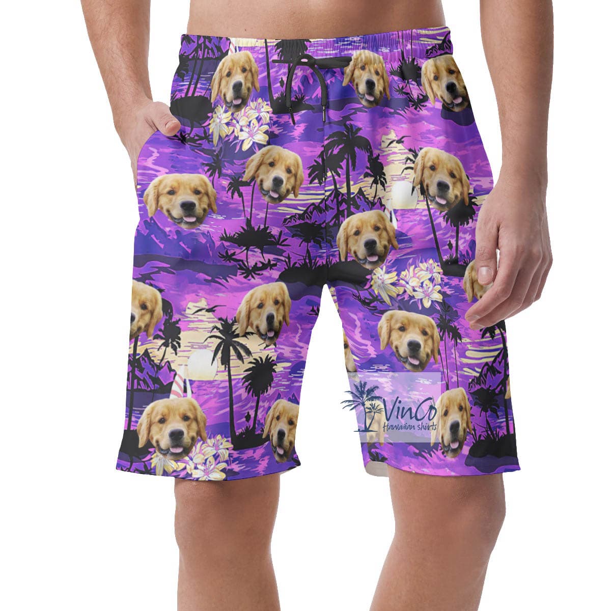 Tropical Sunset Beach Custom Dog Face Hawaiian Shorts For Men