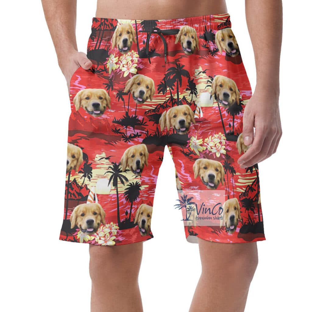 Tropical Sunset Beach Red Hawaiian Shorts With Custom Dog Face